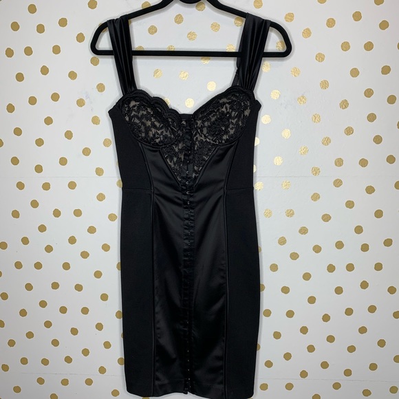 bebe Dresses & Skirts - Bebe Corset Lace Hook Front Bodycon Satin Dress S